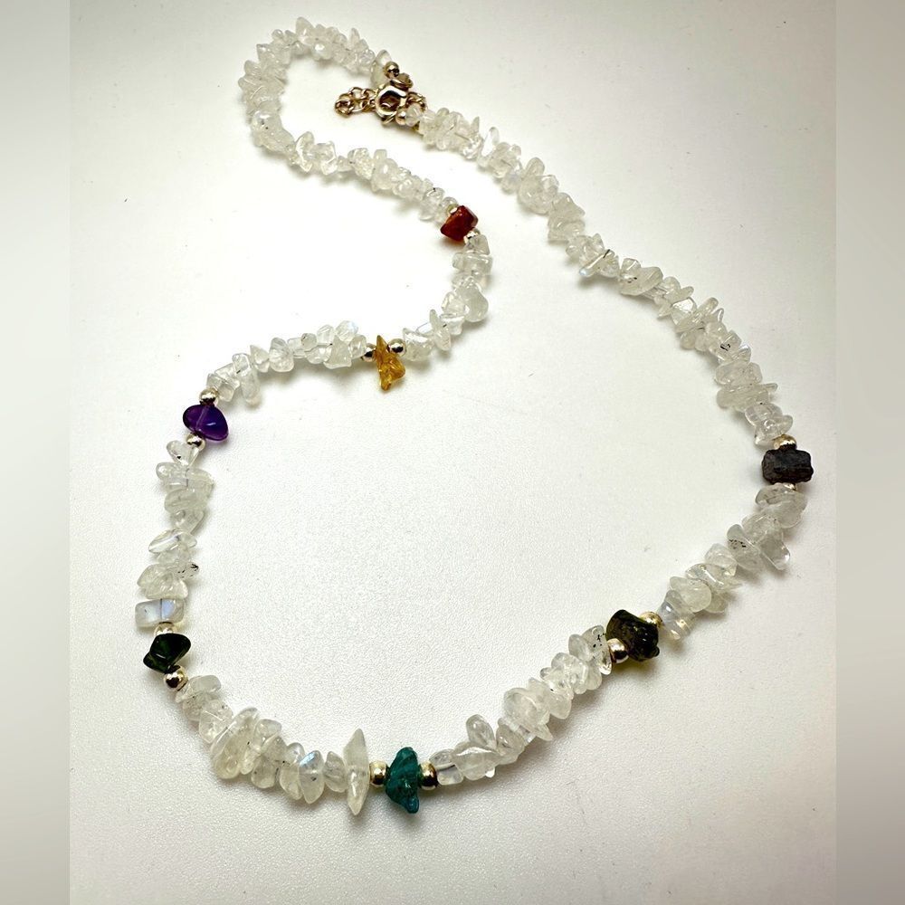 16" Moonstone and multi-gemstone necklace with‎ 925 sterling silver hardware!